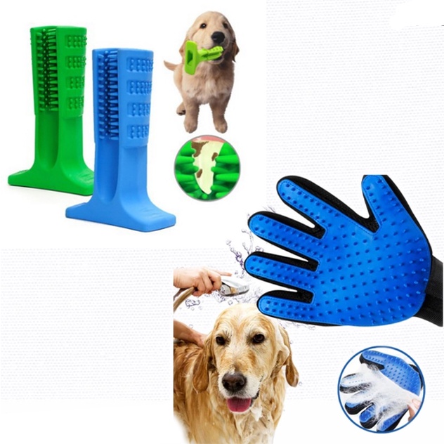 Kit Luva Magnética Removedora Pelos Cães e Gatos + Mordedor Pasta de Dente Cuidados com o Pet