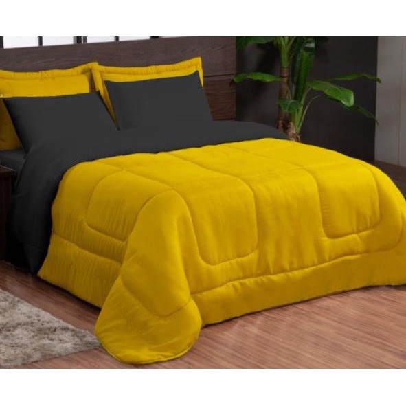 Kit 5 Peças Edredom Queen Dupla Face Amarelo e Preto Liso Padrão Hotel Macio