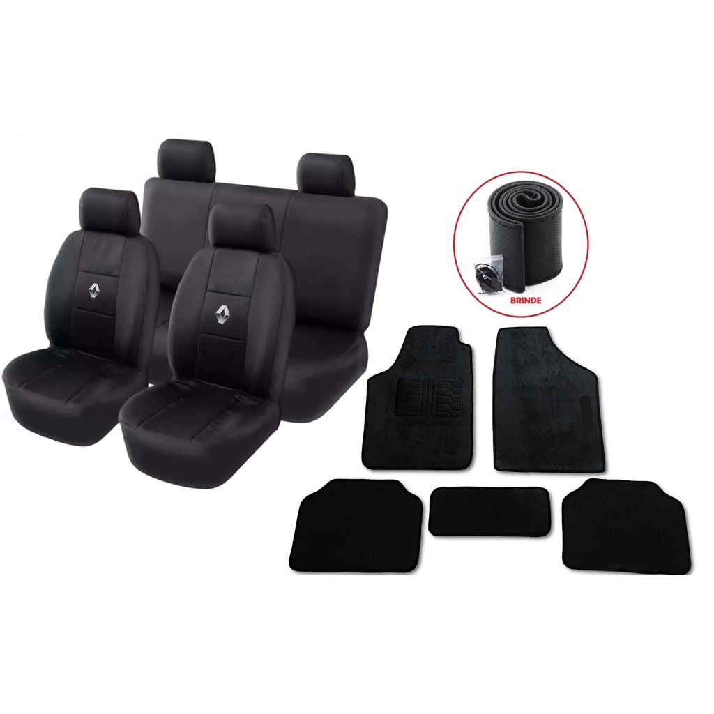 Kit Jogo Capa Para Banco Universal Couro Automotivo + Tapete Universal 5 Peças + (brinde Capa De Volante Couro Costurar) P/carro Renault Clio