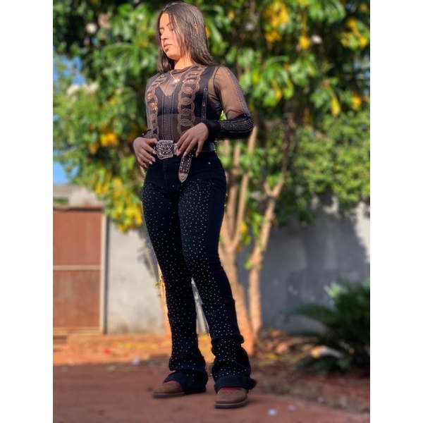 Calça Jeans Preta Moda Country Brilhos Dourado Kamilinha Texas Ranch Jeans Roupas Rodeio