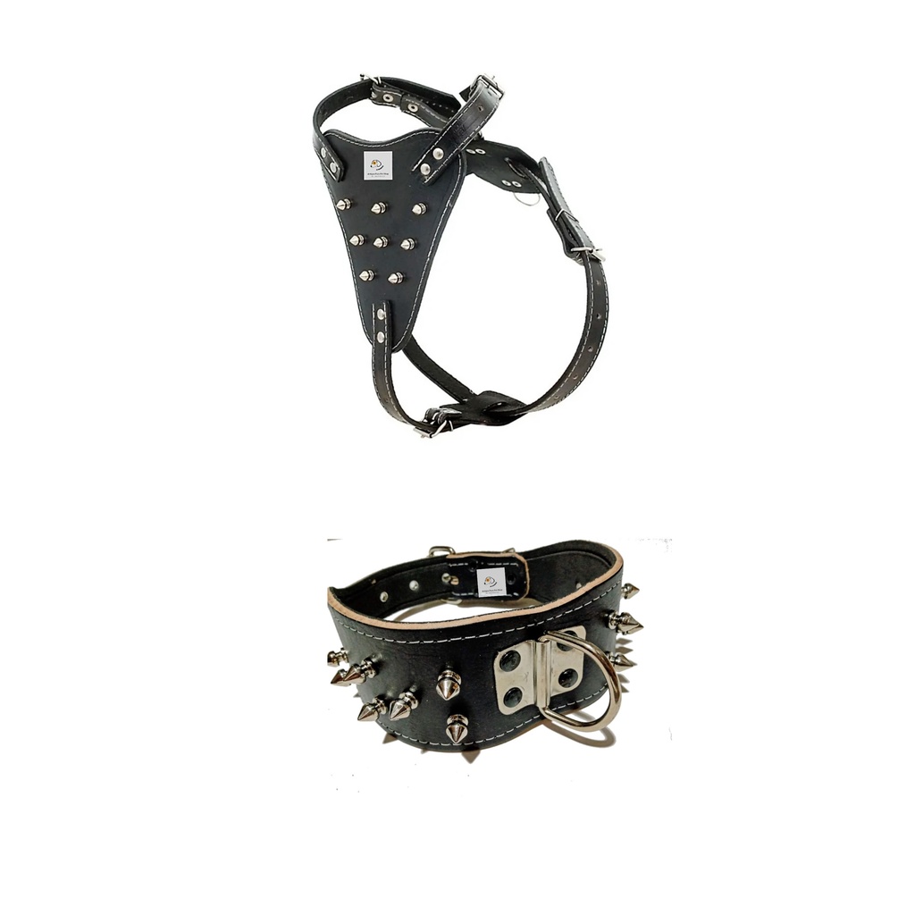Coleira  + Peitoral Couro Com Spike Linha Luxo Pet + guia corda grossa 14mm com amortecedor