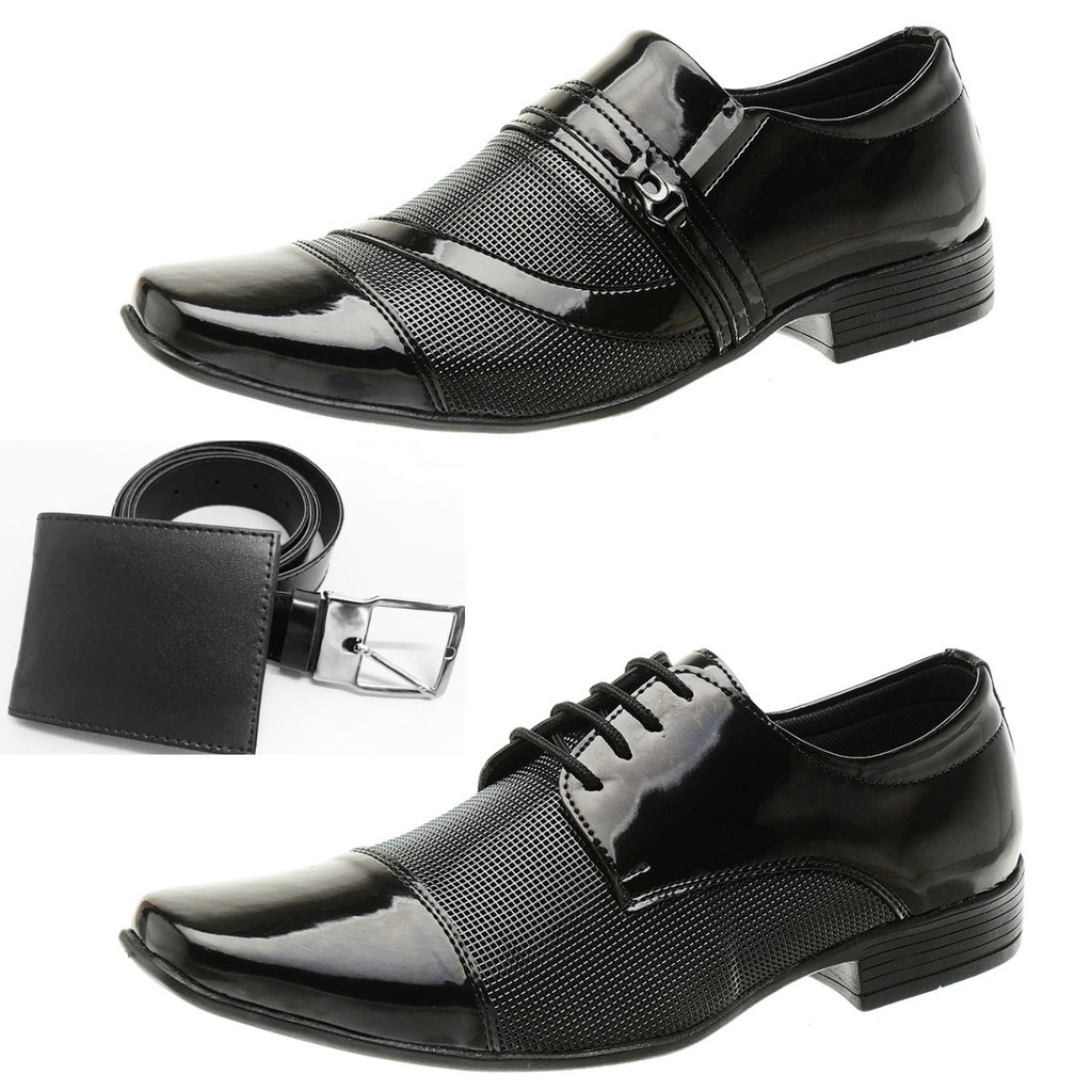 Kit 2 Pares Sapato Social Couro Verniz Masculino + Carteira + Cinto Promoção Envio 24 Horas