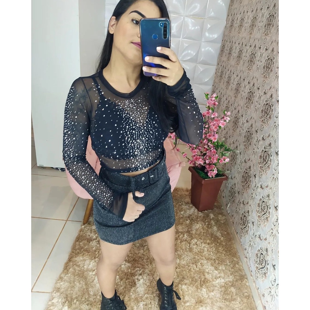 Cropped Top Blusa Feminina Manga Longa tule Pedraria Sem Bojo
