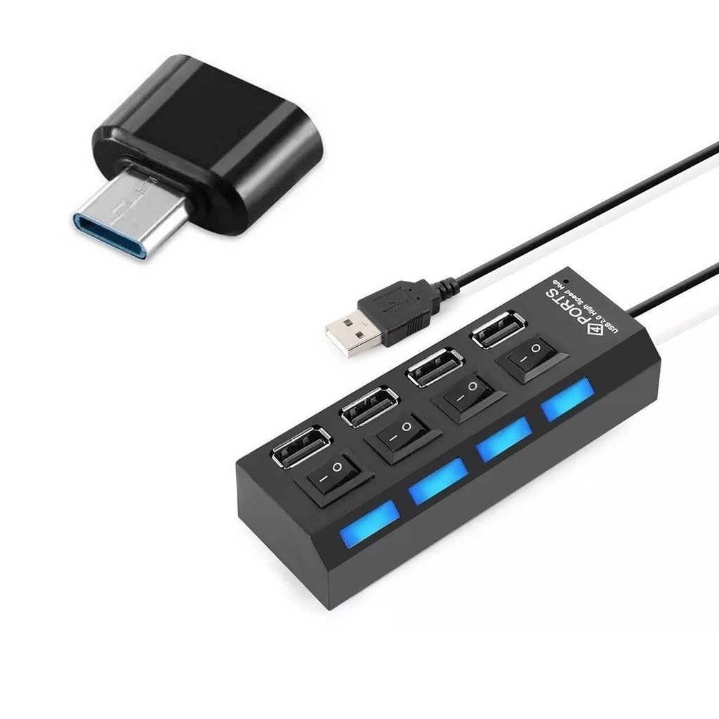 Adaptador Hub 4 Portas + Cabo Otg Usb C 3.0 Impressora Pen Drive Mouse Teclado Celular