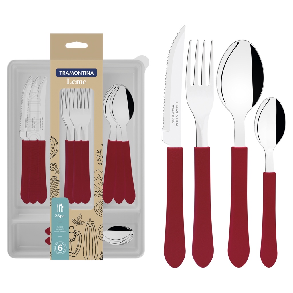 Faqueiro Tramontina Leme com Lâminas em Aço Inox e Cabos de Polipropileno Vermelho com Gaveteiro 25 peças - 23198722 em Oferta na Shopee