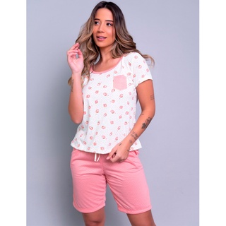 Pijama Adulto Estampado Curto Feminino Short Manga Curta Verão Baby Doll