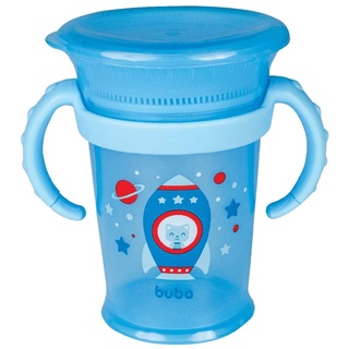 Copo de Treinamento Infantil 360° Com Alça Removível 210ml Para Bebê +12 Meses Foguete Azul Buba