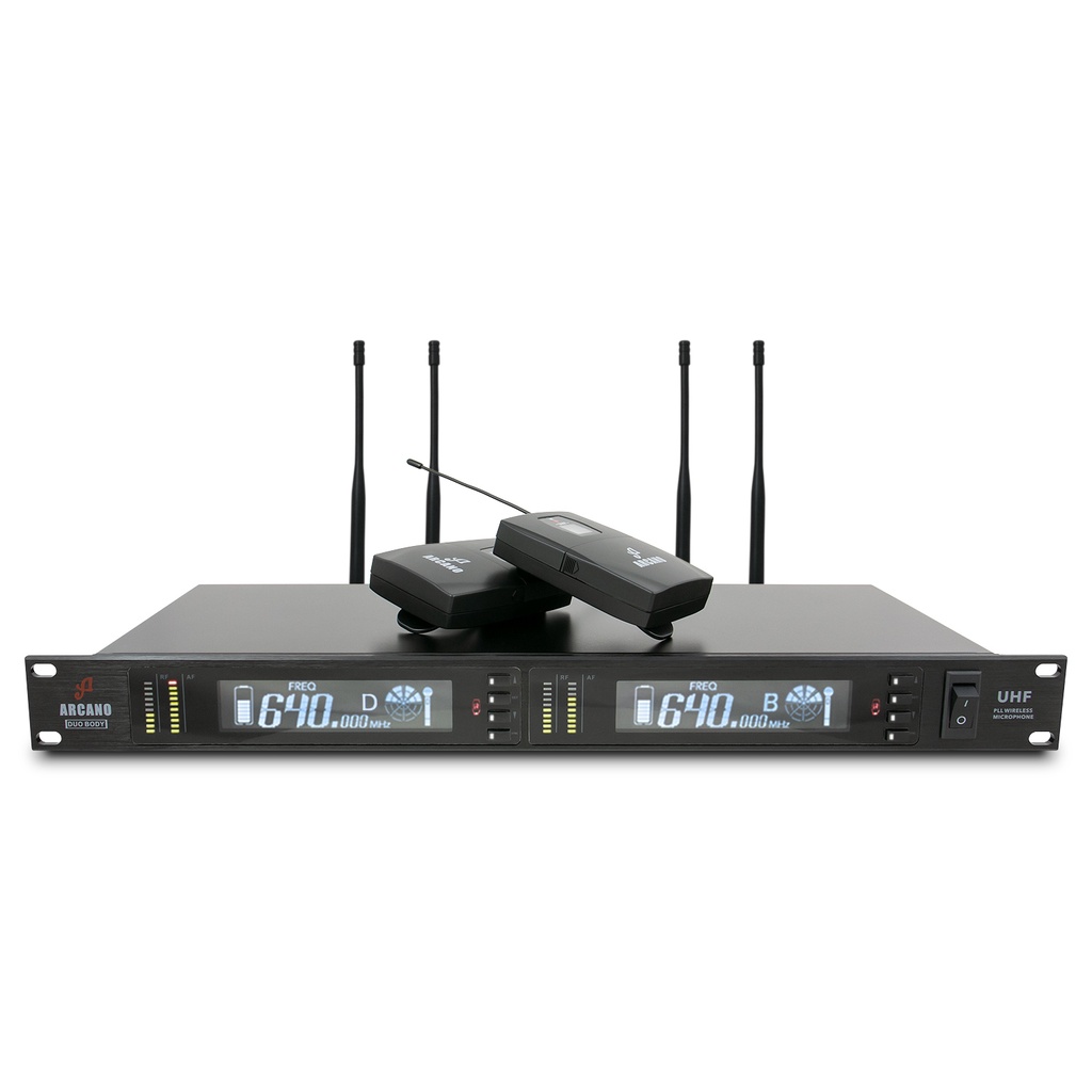 BLACK-BODY -  Microfone sem fio duplo Arcano de corpo, com base receptora, bi-volt, antenas