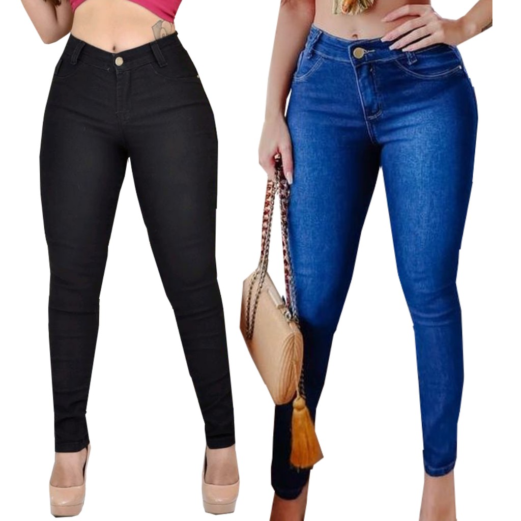 Kit 2 Calças Cós Alto Jeans Feminino Com Elastano Até o Umbigo Skinny Veste Modelagem Levanta Bumbum — imagem 2 de 2