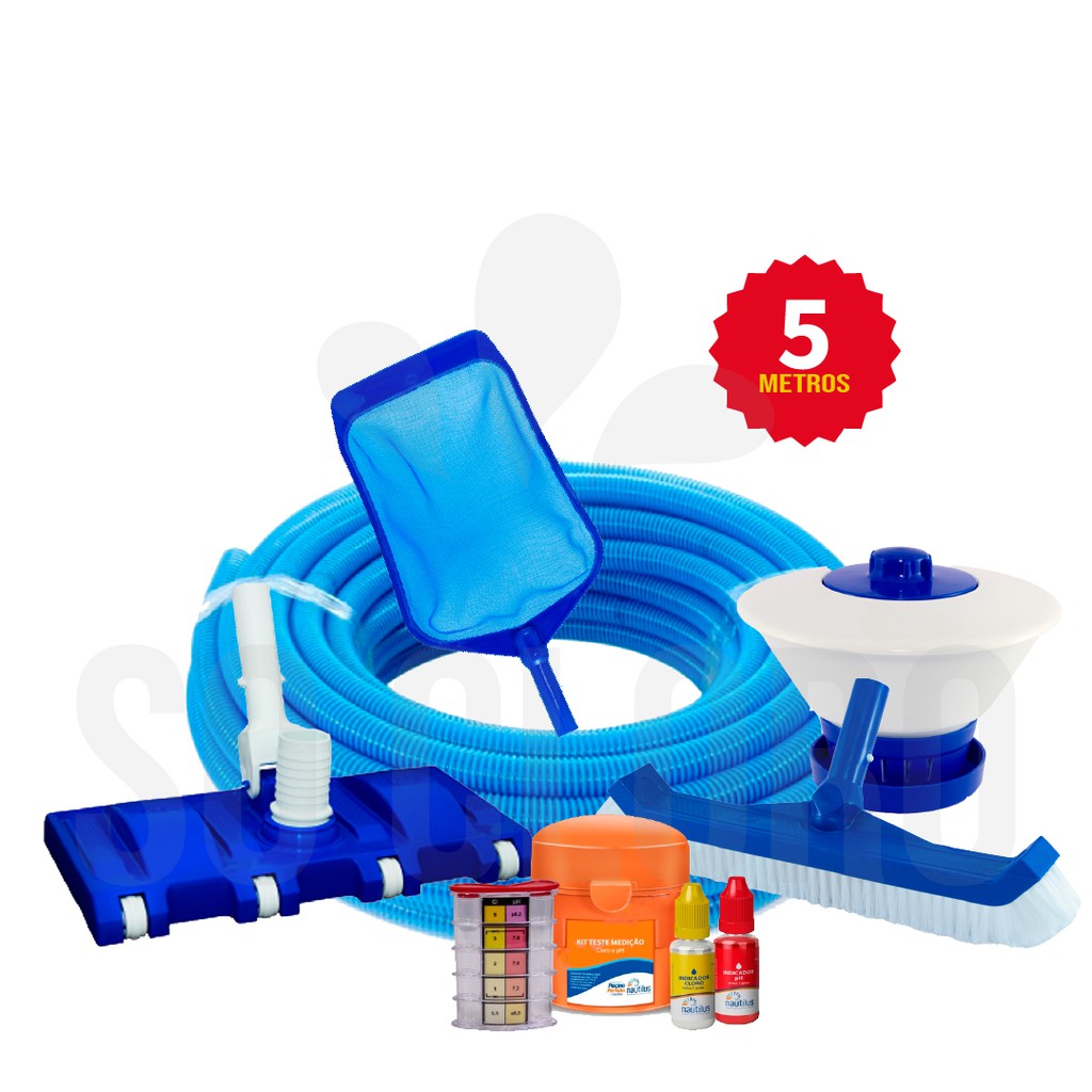 Kit Limpeza Para Piscina Aspirador Peneira Escova Clorador Flutuante Margarida Kit Teste