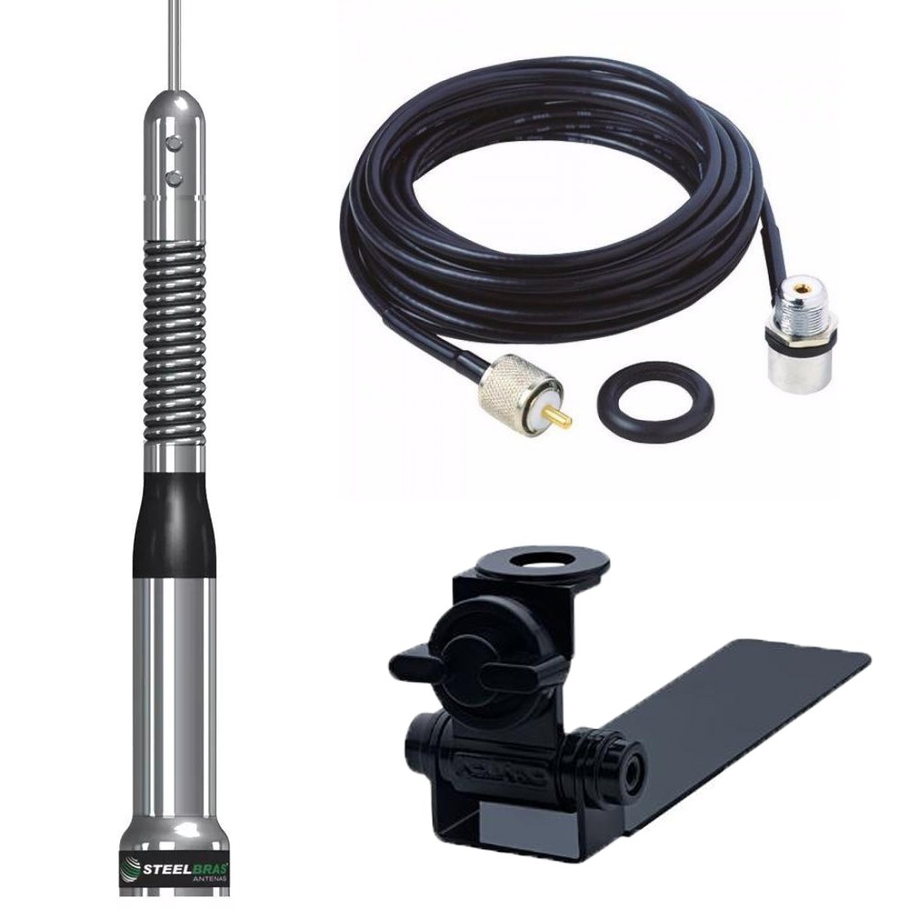 Antena Móvel Vhf 5/8 de Onda 1,34 metros Slim Bold Suporte Bi-Articulado Caminhonete Cabo 3,5 metros com Conectores