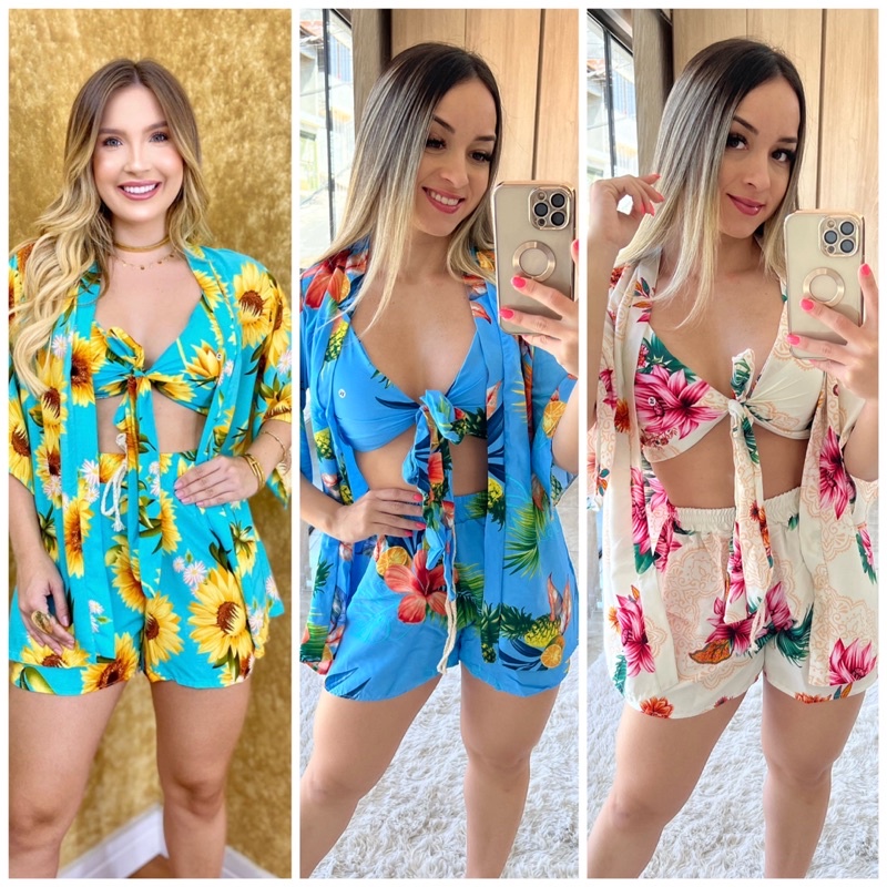 Promoção do nosso Conjunto 3 peças ,Kimono+short+top,moda praia e casual ,tecido levinho,moda feminina ,top com bojo especial