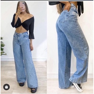 CALÇA JEANS WIDE LEG FEMININA PANTALONA LISA CINTURA ALTA SEM LYCRA (calça forma pequeno)