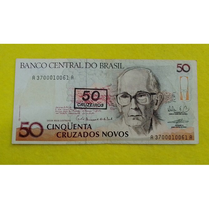 Cédula C210 50 cruzados novos c/ carimbo de 50 cruzeiros Carlos D. de Andrade Soberba ( Item de Coleção )
