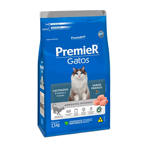 Ração Premier Ambientes Internos para Gatos Castrados de até 6 anos sabor Frango - 1,5Kg em Oferta na Shopee