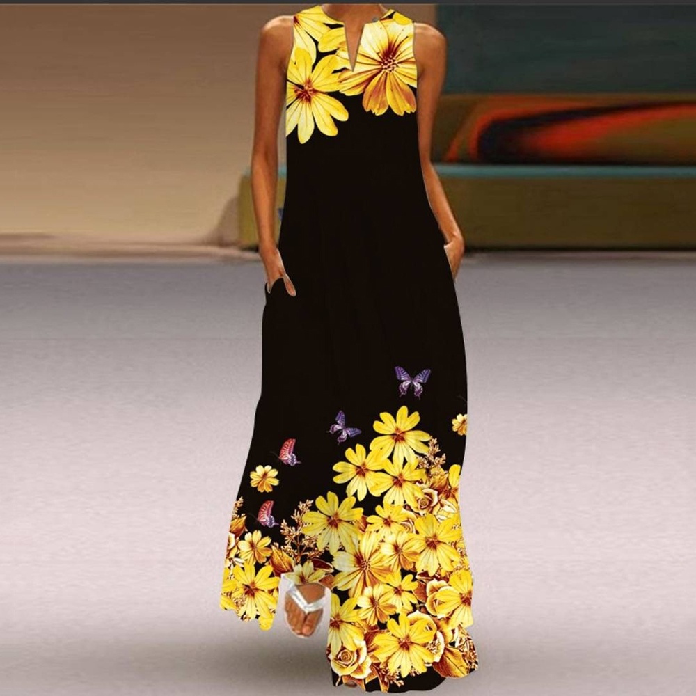 Maxi Vestido Floral Sem Mangas com Bordado