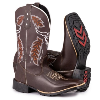 Bota Texana Masculina Country Bico Quadrado Bordada Cara de Boi Café em Oferta na Shopee