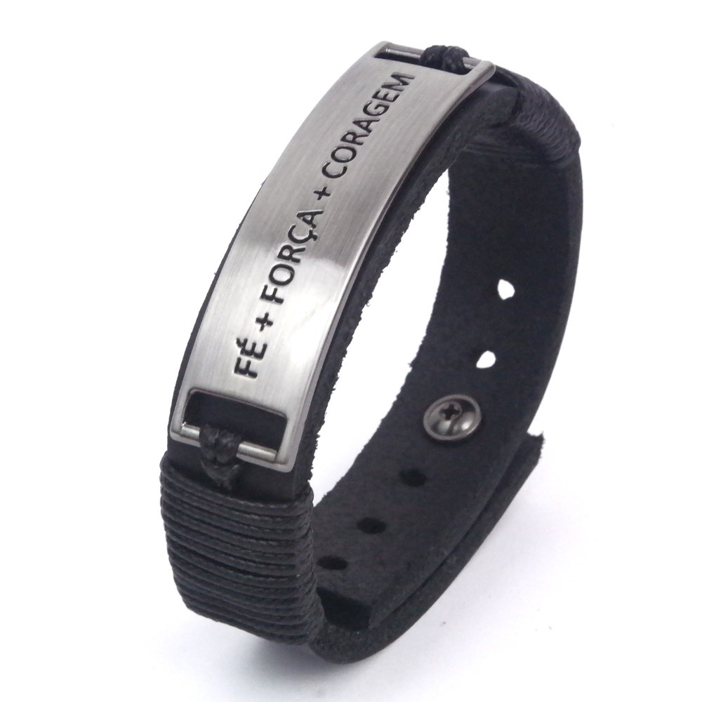 Pulseira de Couro Masculina Gospel Fé + Forca + Coragem Religiosa Ajustável