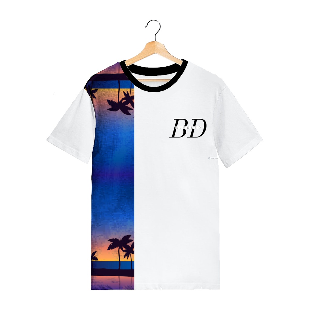 Camiseta Branca Estampada Coqueiros Por do Sol Blessed 2 A29