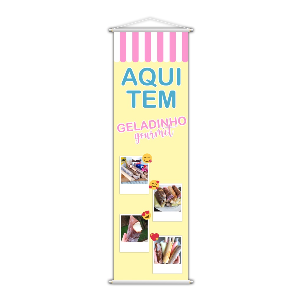 Banner Aqui Tem Geladinho Gourmet Serviço Lona Publicidade Propaganda 100x30cm