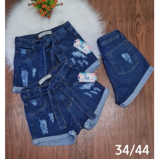 short jeans hot pants com laço de barra jeans escuro