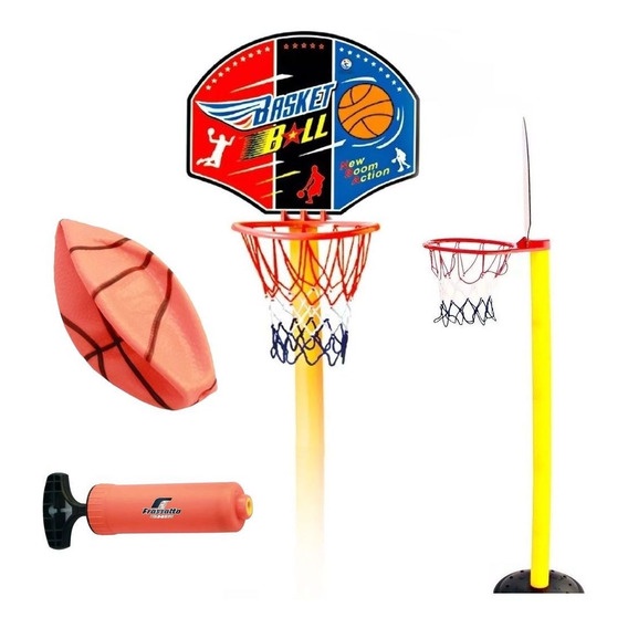 Kit Cesta Basquete Infantil Pedestal Regulável Até 1,40m Bola Bomba Tabela Completa