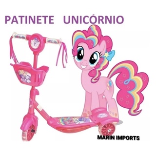 Patinete 3 rodas infantil unicórnio música meninas c/ cesta e luz