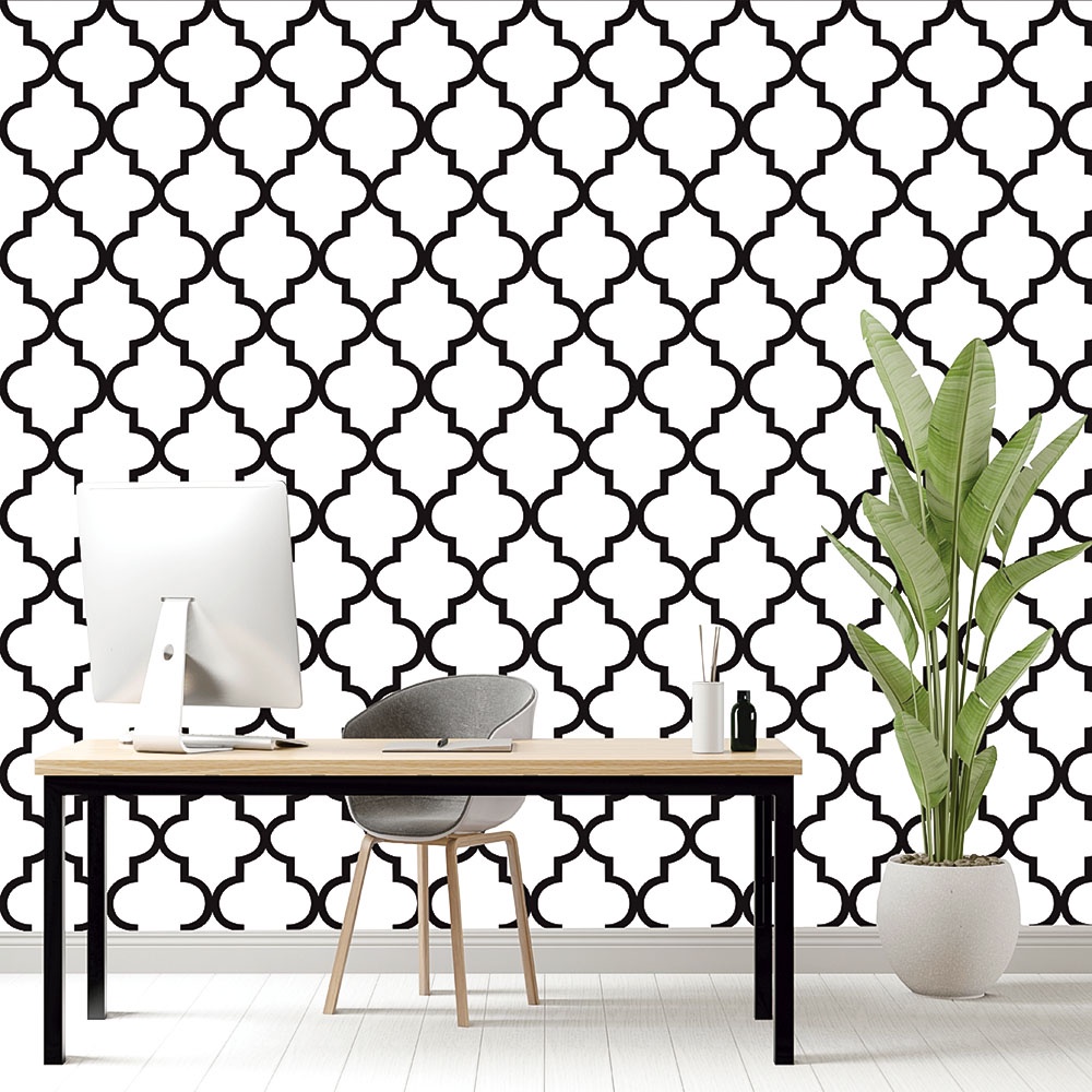 Papel de Parede Adesivo Arabesco Árabe Preto E Branco 3mx50cm