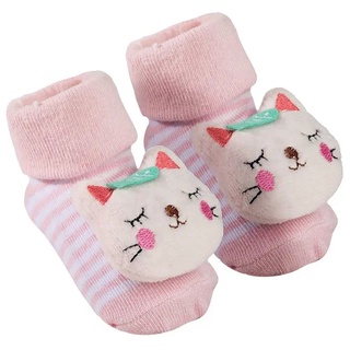 Meia Infantil Com Chocalho Antiderrapante Bebe de 6 à 12 Meses Listras Gatinho Rosa Buba