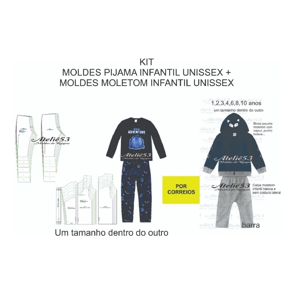 Kit Moldes de Roupa Pijama Malha + Molde Moletom Infantil Unissex Tamanhos 1,2,3,4,6,8,10 JUNTO Gramatura 80g JAQUETINHA