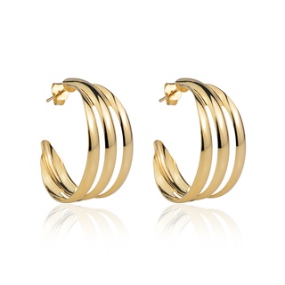 Par de Brincos Femininos de Argola Tripla Banhado A Ouro 18k Semi Joia