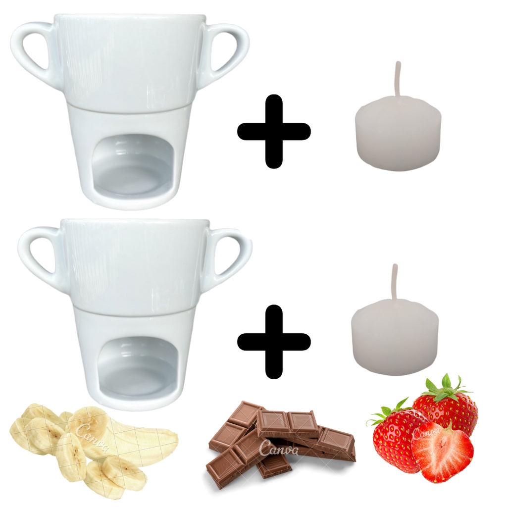 Kit caneca aparelho fondue doce salgado carne e queijo porcelana panelinha sobremesa queijo chocolate branca jantar gourmet
