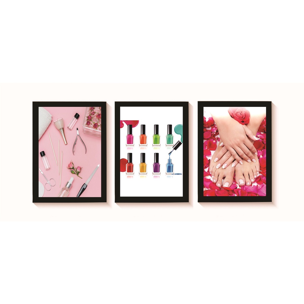 Kit 3 Quadros Decorativos Manicure Pedicure Mãos Pés Unhas Esmalte Decoração Salão de Beleza Molduras 20x30cm
