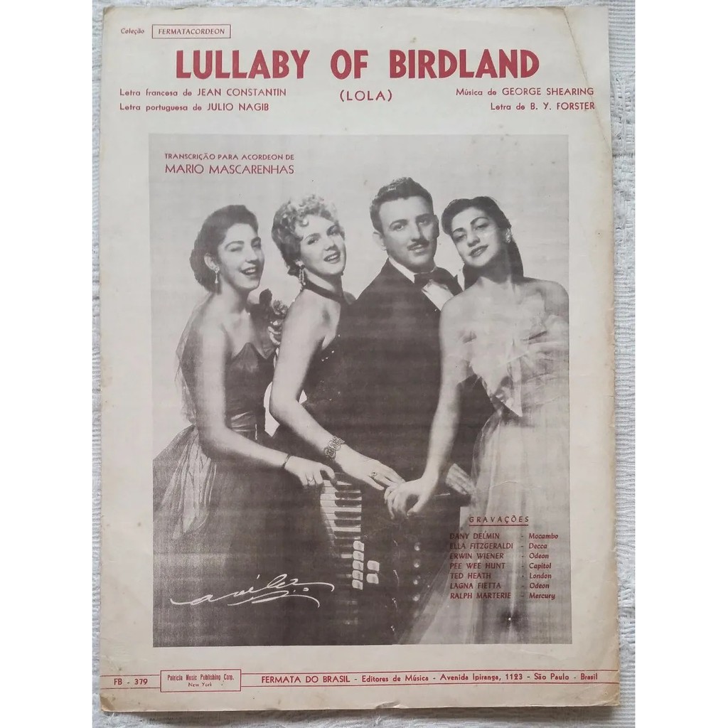Partitura Antiga Acordeon Lullaby Of Birdland Lola Geroge Shearing Forster Jean Constantin Julio Nagib Mario Mascarenhas