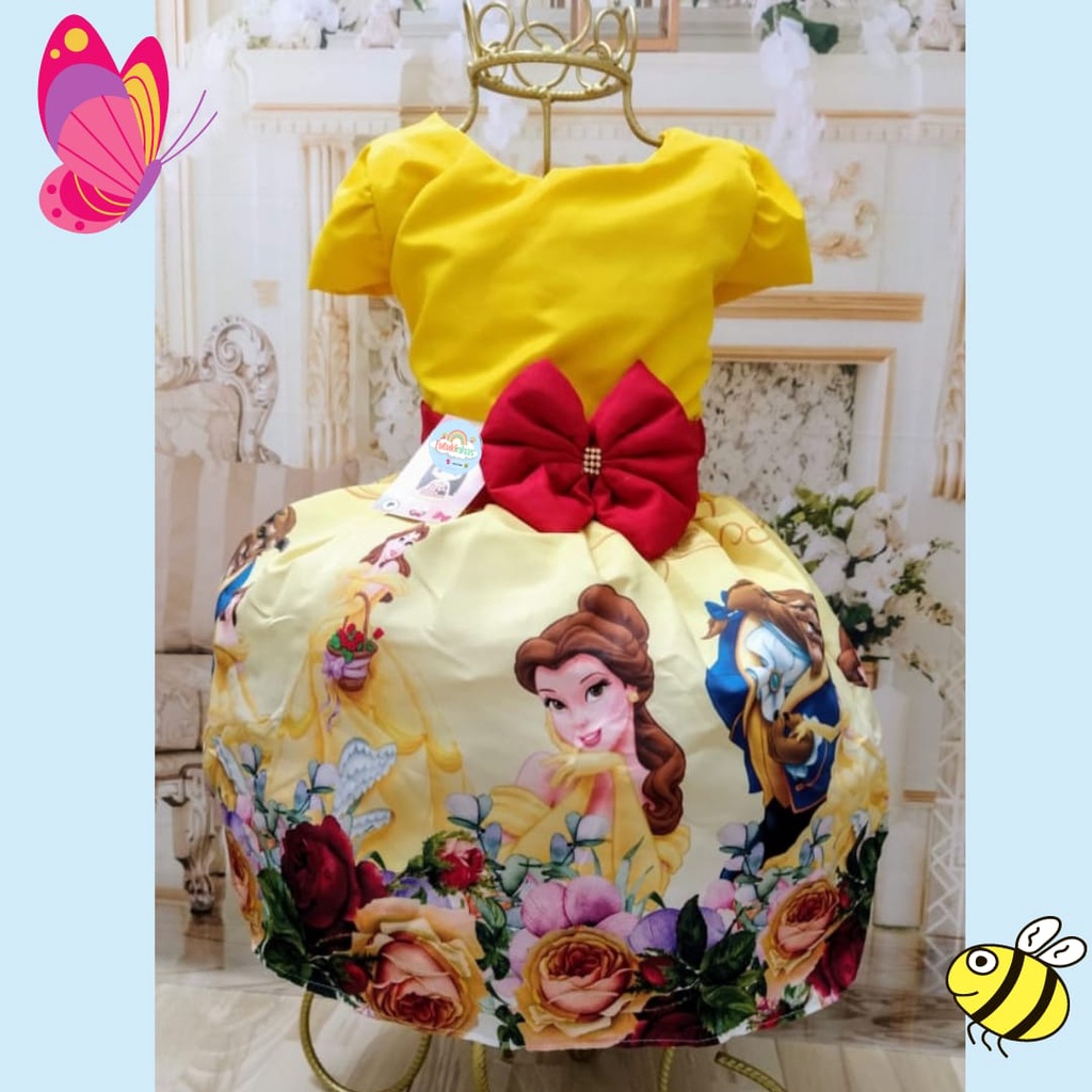 Vestido Luxo A Bela E A Fera Princesa Temático  Com Saiote Tule Rodado Bem Armado Para Festa Infantil Tema Princesas Disney A Bela E A Fera