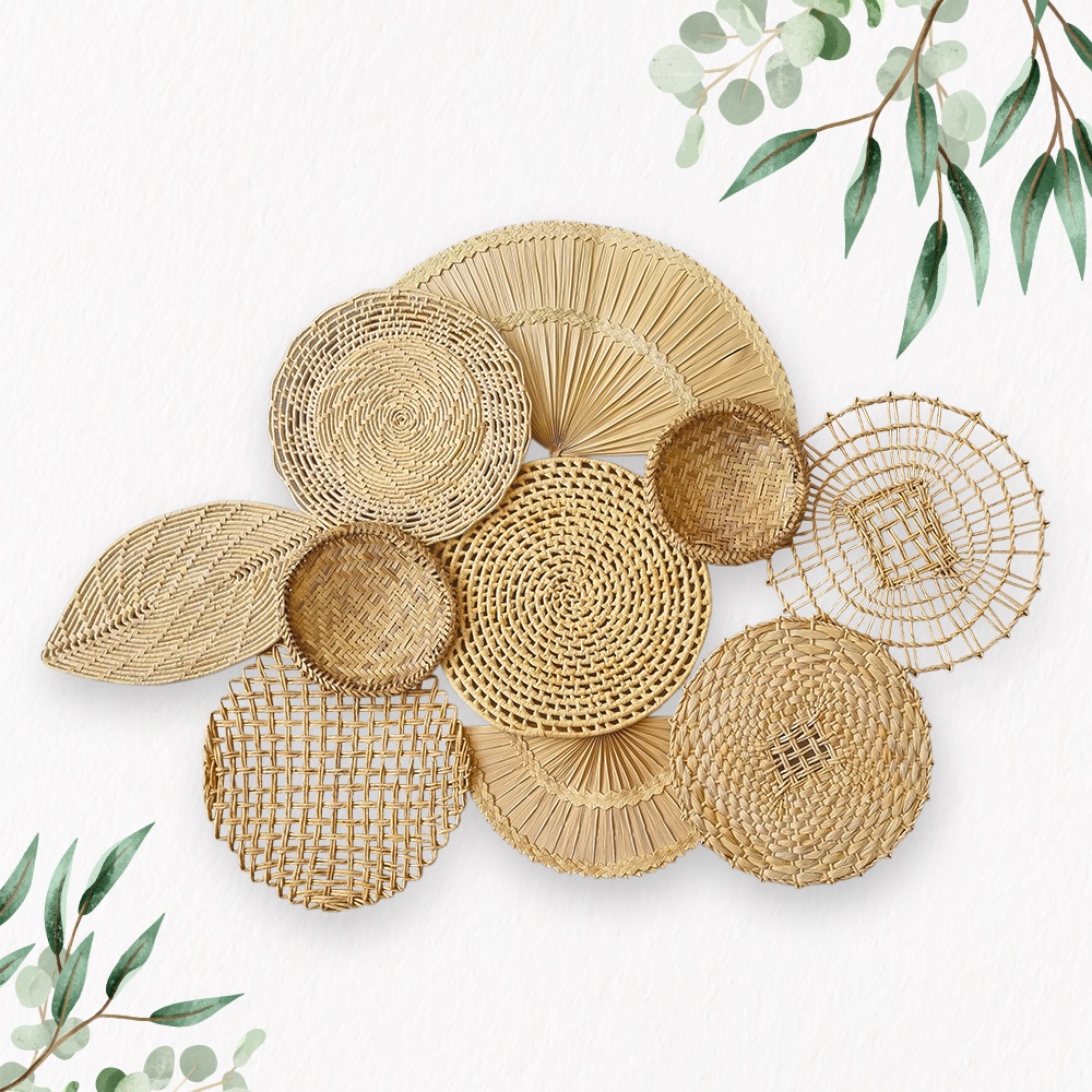 Decoração Parede Capim Limão Boho Composição Cestos de Palha