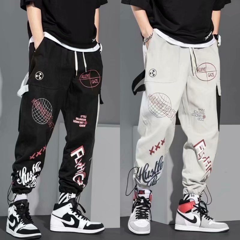 Calças Cargo Masculinas Colorblock Streetwear Hip Hop Joggers