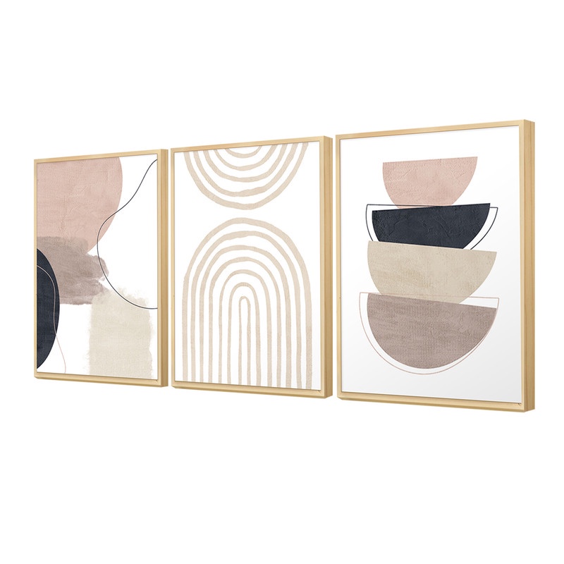 Kit 3 Quadros Decorativo Pequeno Escritório 30x40cm Moldura Caixa Pinus Geométrico Abstrato - Hugart