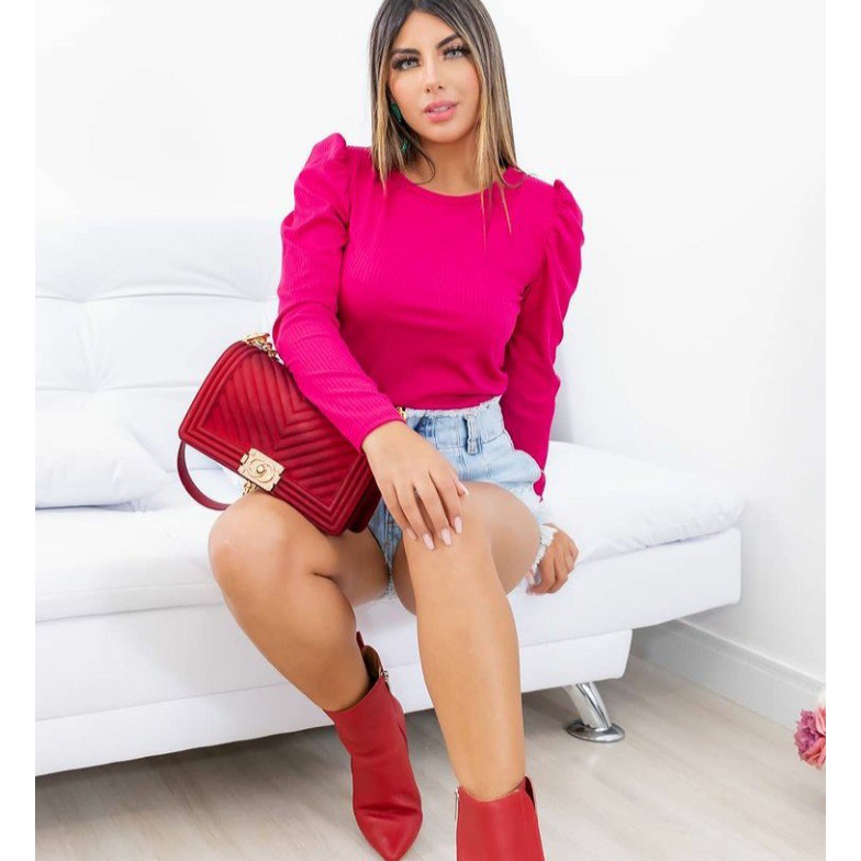 Blusa manga longa princesa bufante malha canelada  tendência moda blogueira