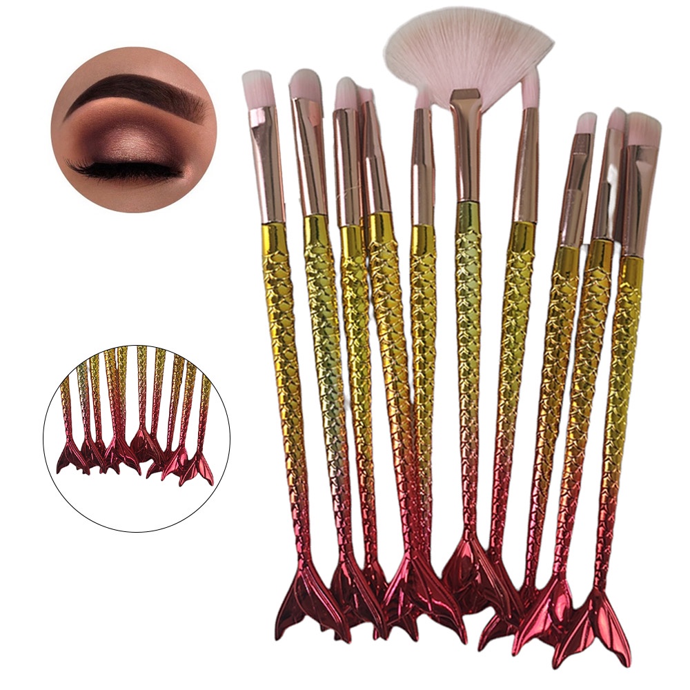 Pincel Sereia Kit 10 Peças Iluminador Sombra Corretivo Delineador Maquiagem Make Up Mermaid