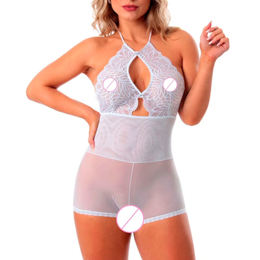 Macaquinho em Tule e Renda e Abertura Entre Pernas Fake Branco - Lingerie Sensualle
