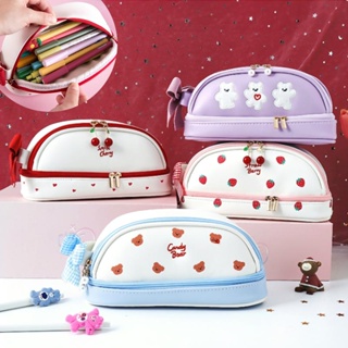 Bonito Grande Capacidade Lápis Casos Dupla Camada Kawaii Plutônio Portátil Morango Cereja Estudante Caneta Saco Papelari em Oferta na Shopee
