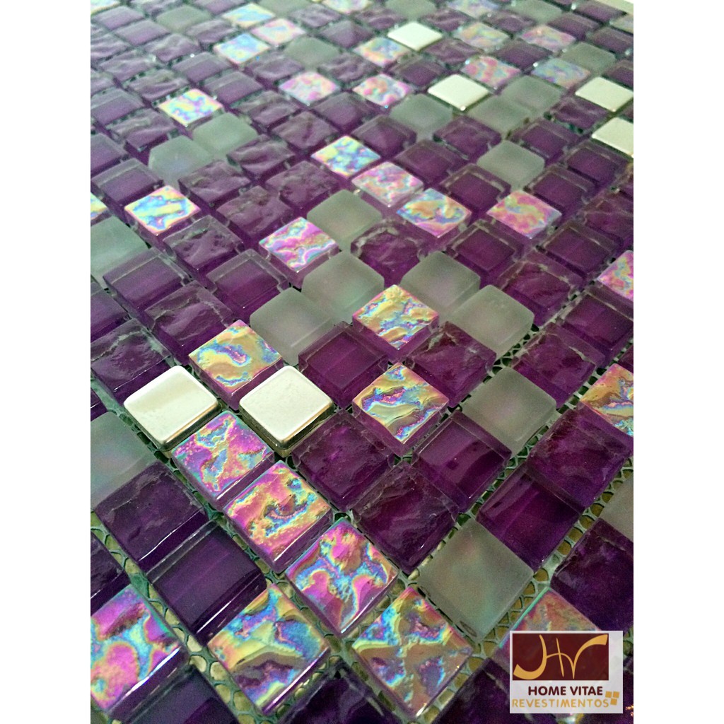 Pastilha De Vidro Cristal Roxo Lilás e Aço Inox