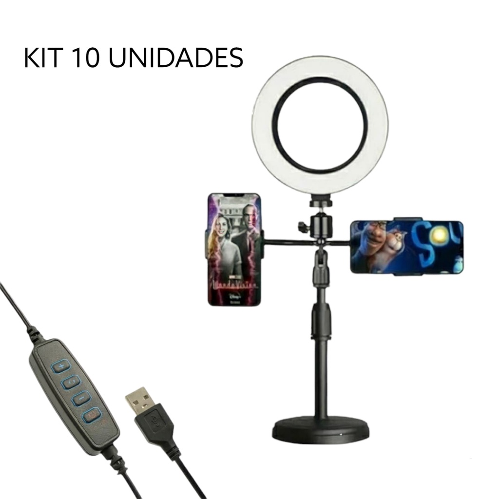 Ring Light de Mesa Portátil Regulável Com Suporte para 2 Celulares KIT 10 WS-868