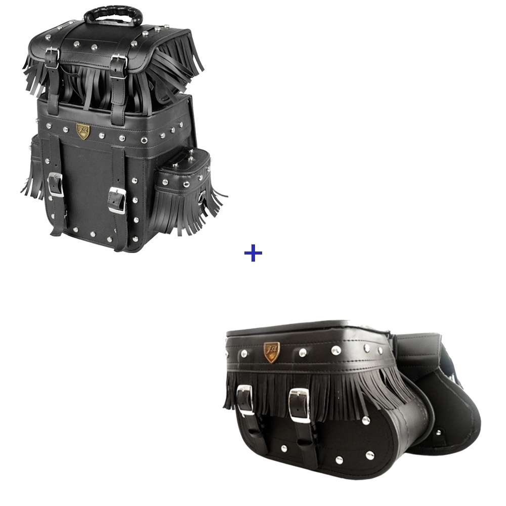 Kit Viagem Alforge Traseiro 25 Litros em Couro Sintético C/ Cravos e Franjas + Alforge Lateral Botinha 18 Litros Couro Sintético C/ Cravos e Franjas