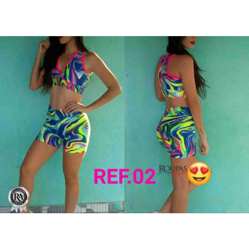 Conjunto Short Cropped Blusa Fitness Academia Estampado