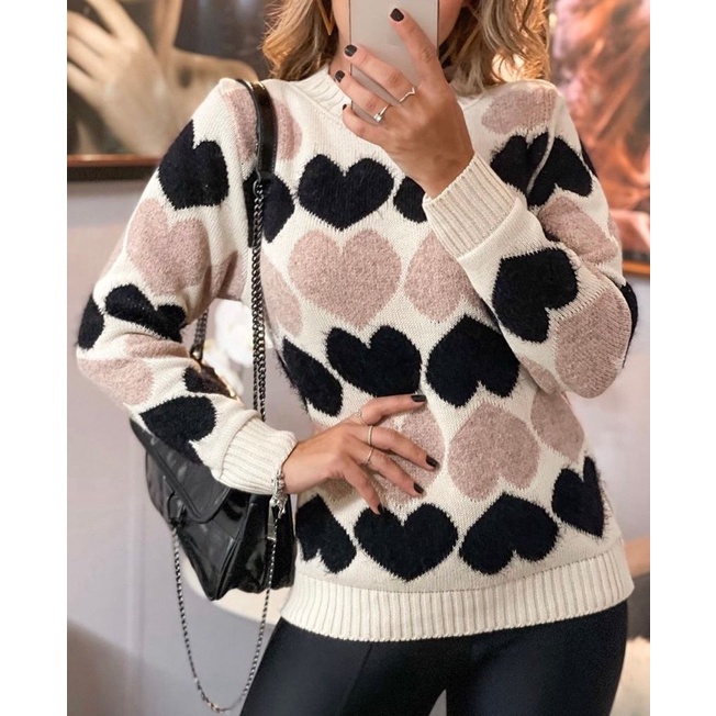 Blusa Coração Tricô Lã Mousse Modelo Inverno 2022