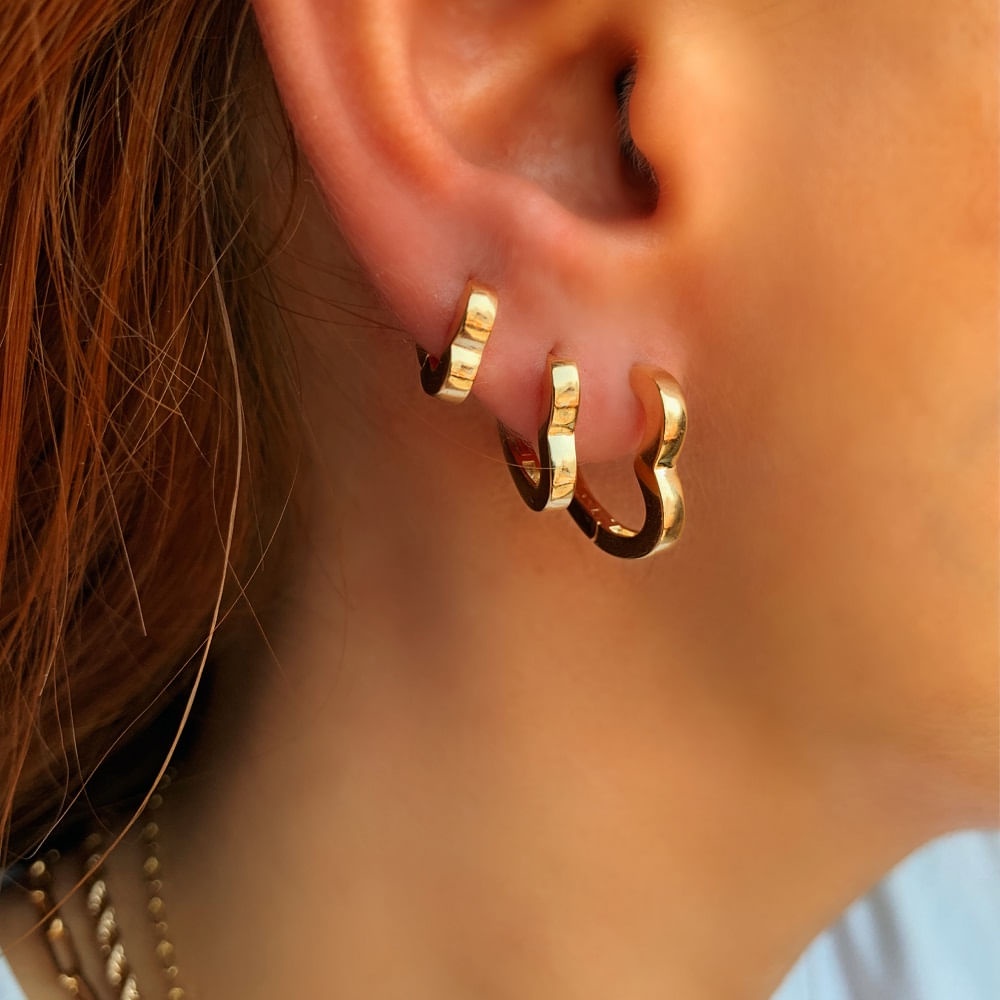 Kit Trio de Argolinhas de Coração Folheado a Ouro 18K SEMI JOIA Feminino Moda