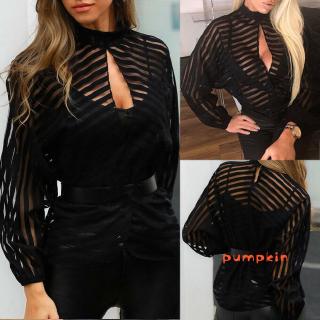 Blusa de Malha/Listras com Manga Longa Transparente Feminina/Camisa/Blusa Preta Feminina