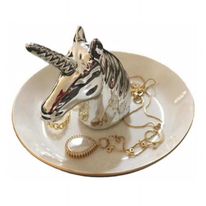 Porta Jóias Pratinho Porcelana Unicórnio Prata Decorativo